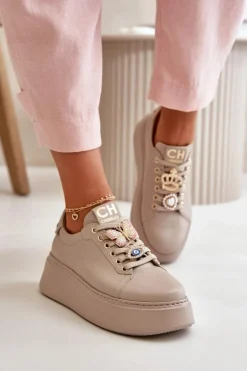 Damskie Skórzane Sneakersy Na Platformie Z Ozdobami CheBello 4585 Beżowe