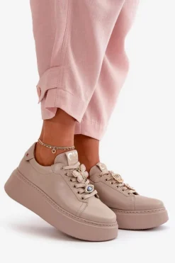 Damskie Skórzane Sneakersy Na Platformie Z Ozdobami CheBello 4585 Beżowe
