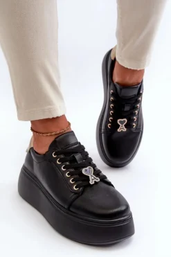 Damskie Skórzane Sneakersy Na Platformie Czarne Vinceza 66700
