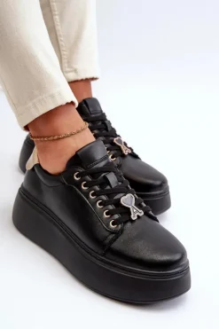 Damskie Skórzane Sneakersy Na Platformie Czarne Vinceza 66700