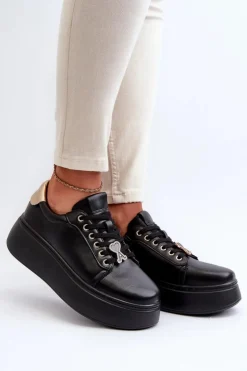 Damskie Skórzane Sneakersy Na Platformie Czarne Vinceza 66700