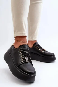 Damskie Skórzane Sneakersy Na Platformie Czarne Vinceza 66700