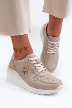 Damskie Skórzane Sneakersy Na Koturnie Beżowe S.Barski LR810