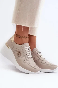 Damskie Skórzane Sneakersy Na Koturnie Beżowe S.Barski LR810