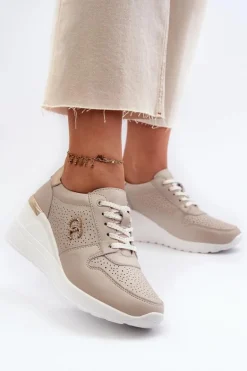 Damskie Skórzane Sneakersy Na Koturnie Beżowe S.Barski LR810