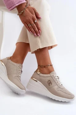 Damskie Skórzane Sneakersy Na Koturnie Beżowe S.Barski LR810