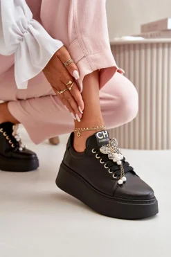 Damskie Skórzane Sneakersy Na Platformie Z Motylem CheBello 4585 Czarne