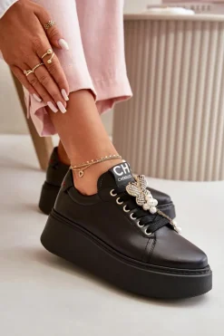 Damskie Skórzane Sneakersy Na Platformie Z Motylem CheBello 4585 Czarne