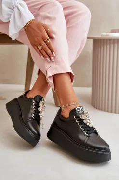 Damskie Skórzane Sneakersy Na Platformie Z Motylem CheBello 4585 Czarne