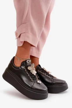 Damskie Skórzane Sneakersy Na Platformie Z Motylem CheBello 4585 Czarne