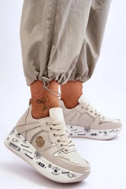 Damskie Skórzane Sneakersy Na Masywnej Platformie Beżowe Asturia