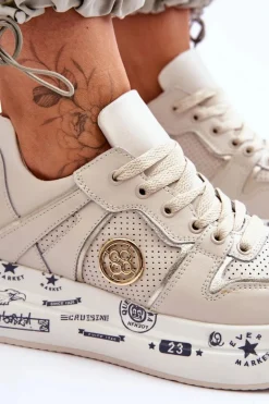 Damskie Skórzane Sneakersy Na Masywnej Platformie Beżowe Asturia