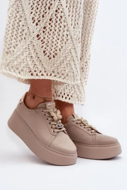 Damskie Skórzane Sneakersy Z Ozdobami CheBello 4292 Beżowe