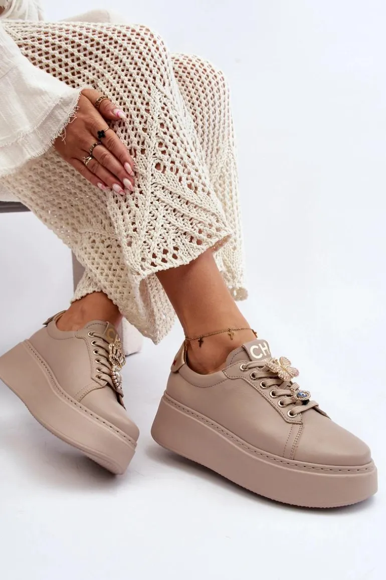 Damskie Skórzane Sneakersy Z Ozdobami CheBello 4292 Beżowe