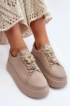Damskie Skórzane Sneakersy Z Ozdobami CheBello 4292 Beżowe