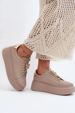 Damskie Skórzane Sneakersy Z Ozdobami CheBello 4292 Beżowe