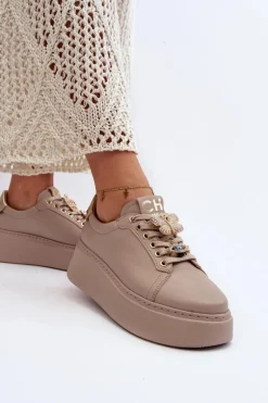 Damskie Skórzane Sneakersy Z Ozdobami CheBello 4292 Beżowe