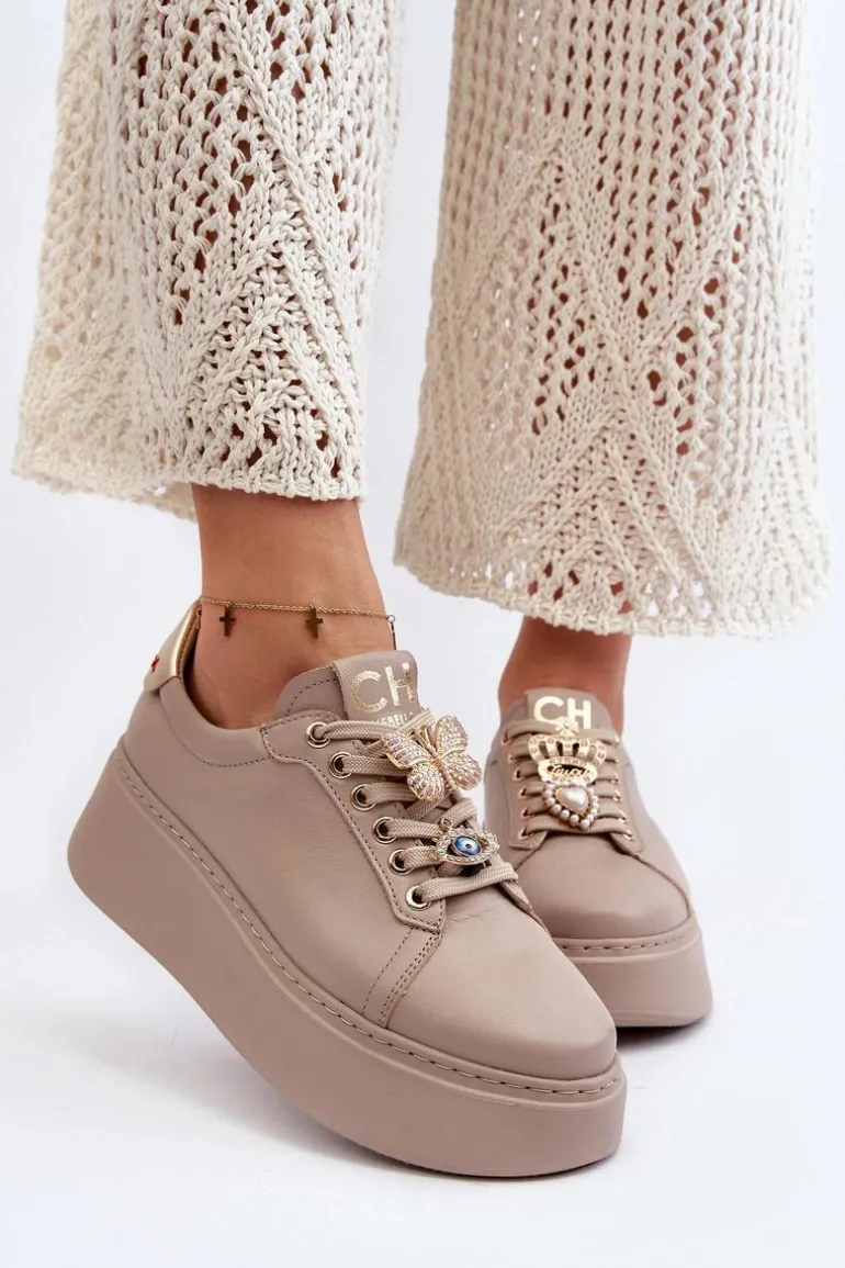 Damskie Skórzane Sneakersy Z Ozdobami CheBello 4292 Beżowe