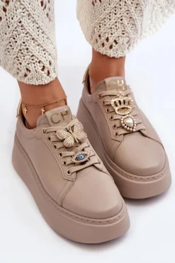 Damskie Skórzane Sneakersy Z Ozdobami CheBello 4292 Beżowe