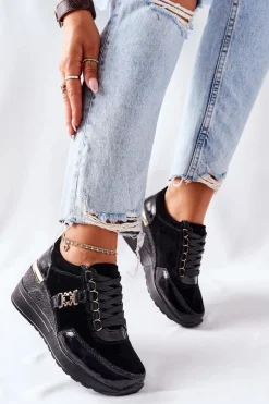 Damskie Skórzane Sneakersy Na Koturnie Czarne Montessori