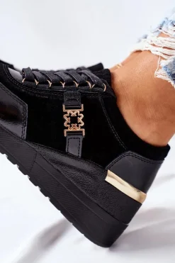 Damskie Skórzane Sneakersy Na Koturnie Czarne Montessori