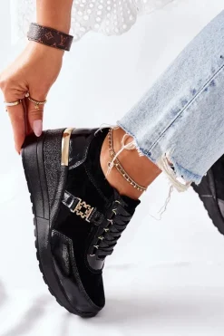 Damskie Skórzane Sneakersy Na Koturnie Czarne Montessori