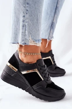 Damskie Skórzane Sneakersy Na Koturnie Czarne Manitoba