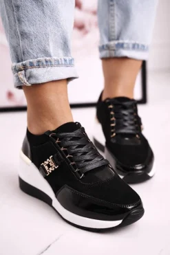 Damskie Skórzane Sneakersy Na Koturnie Czarne Złote Roxette