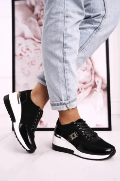 Damskie Skórzane Sneakersy Na Koturnie Czarne Złote Roxette