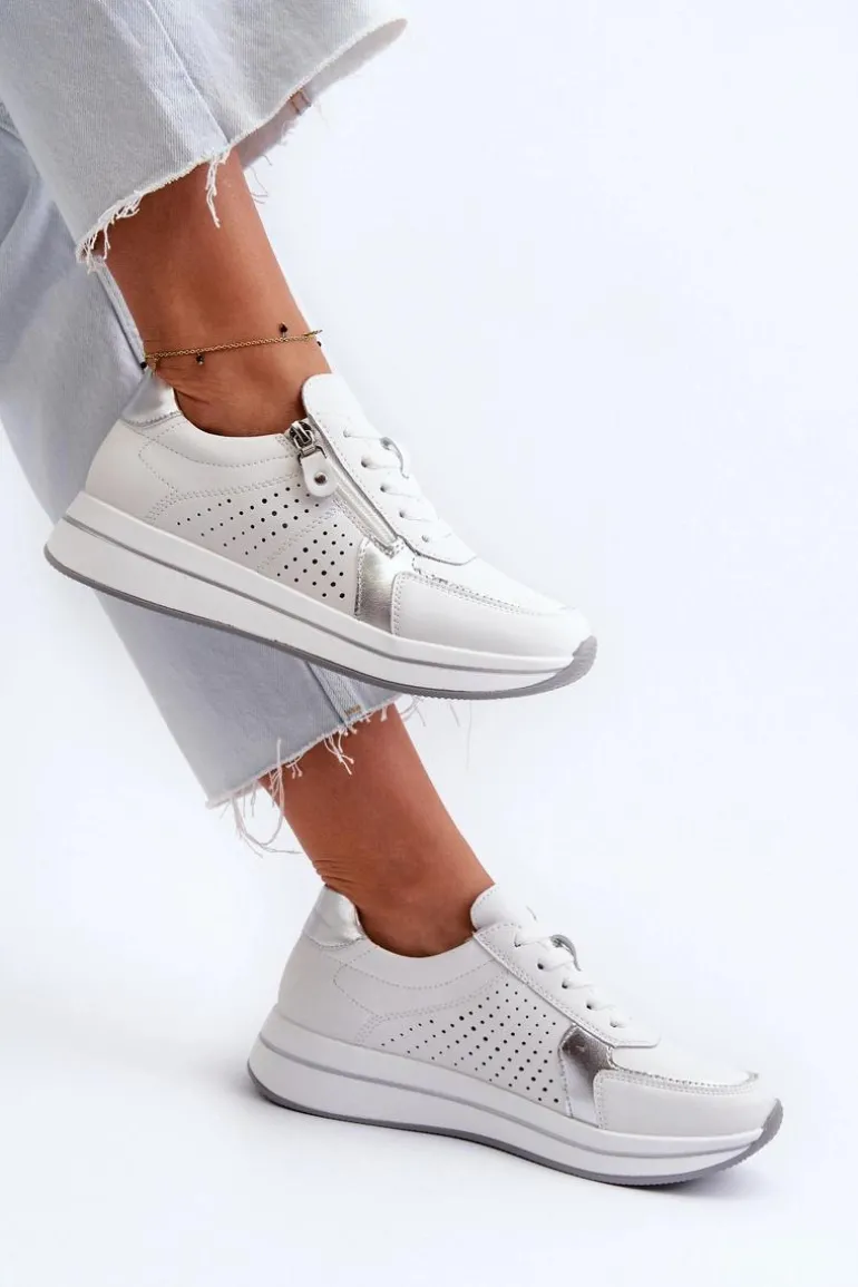 Damskie Skórzane Sneakersy Na Platformie Białe Ligustra