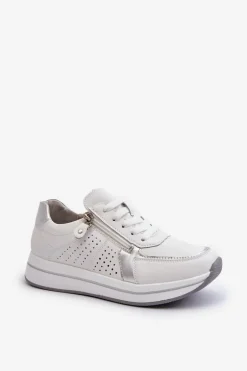 Damskie Skórzane Sneakersy Na Platformie Białe Ligustra