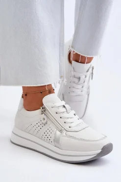 Damskie Skórzane Sneakersy Na Platformie Białe Ligustra