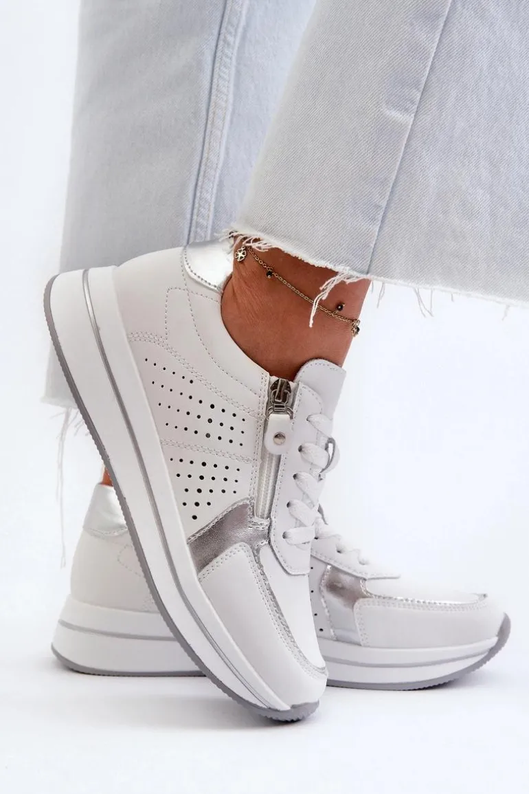 Damskie Skórzane Sneakersy Na Platformie Białe Ligustra