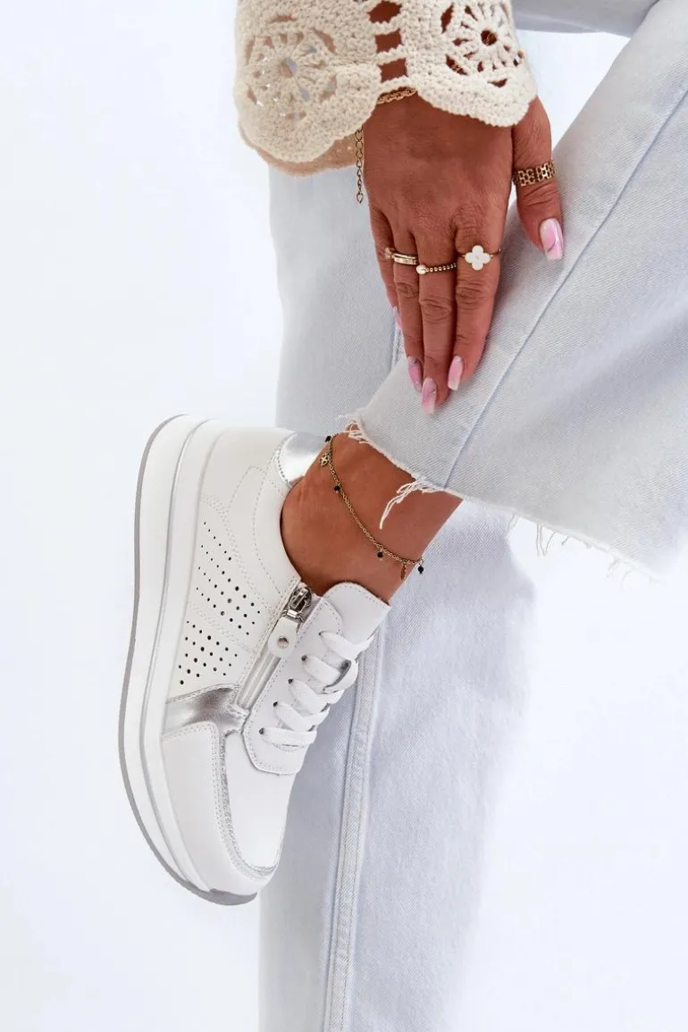 Damskie Skórzane Sneakersy Na Platformie Białe Ligustra