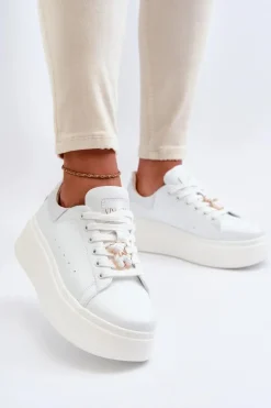 Damskie Skórzane Sneakersy Na Platformie Z Misiem Białe Vinceza 66641