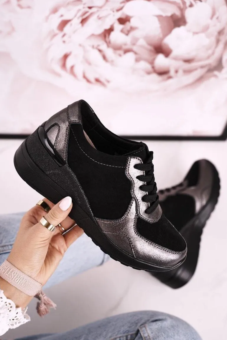 Damskie Skórzane Sneakersy Na Koturnie Czarne Srebrne Roxette