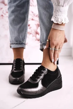 Damskie Skórzane Sneakersy Na Koturnie Czarne Srebrne Roxette