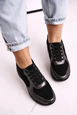 Damskie Skórzane Sneakersy Na Koturnie Czarne Srebrne Roxette