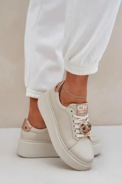 Damskie Skórzane Sneakersy CheBello 4411 Jasnobeżowe