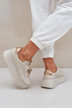 Damskie Skórzane Sneakersy CheBello 4411 Jasnobeżowe