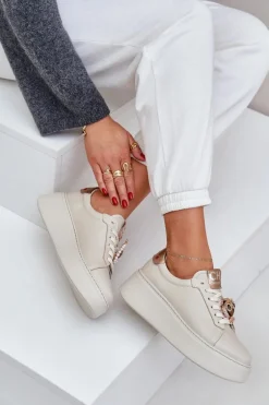 Damskie Skórzane Sneakersy CheBello 4411 Jasnobeżowe