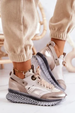 Damskie Skórzane Sneakersy Maciejka 04916-19 Beżowe