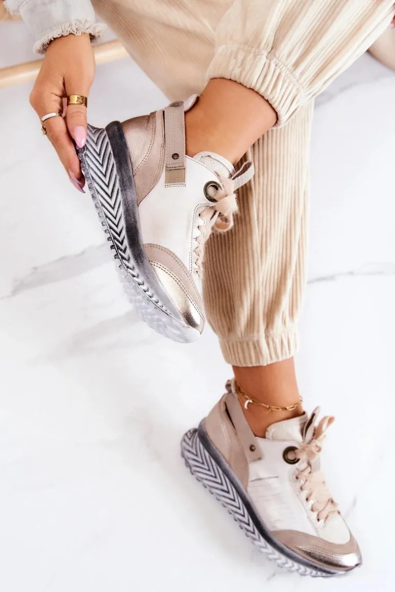 Damskie Skórzane Sneakersy Maciejka 04916-19 Beżowe