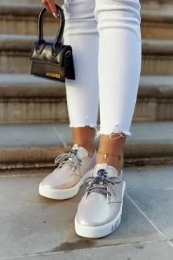 Damskie Skórzane Tenisówki Z Ozdobą Metaliczny Róż Carrey