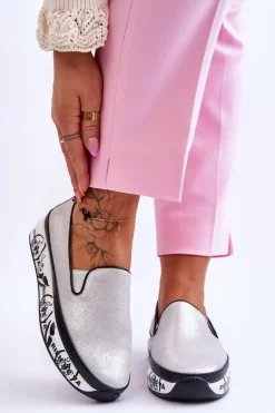 Damskie Skórzane Tenisówki Slip-On Srebrne Ottavia