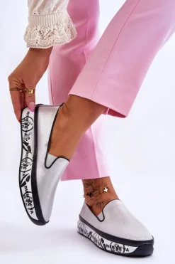Damskie Skórzane Tenisówki Slip-On Srebrne Ottavia
