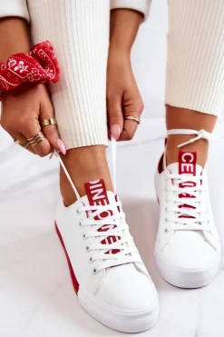 Damskie Skórzane Tenisówki Biało-Czerwone Mikayla