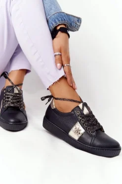 Damskie Skórzane Tenisówki Lewski Shoes 2786-0 Czarno-Złote