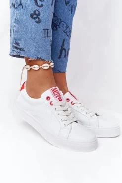 Damskie Skórzane Tenisówki BIG STAR BB274210 Biało Czerwone