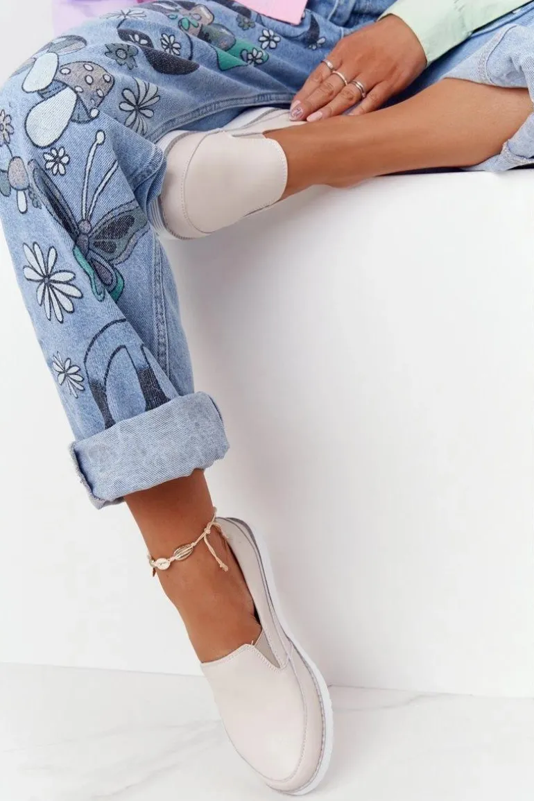 Damskie Skórzane Tenisówki Slip-On S.Barski Beżowe